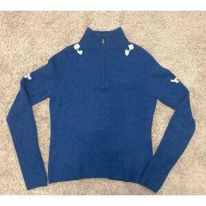 Kinross Cashmere Saphire Blue with White Bow Details 100%Cashmere Sweater Size M